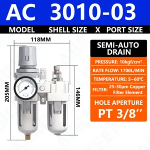 ABILKEEN AC3010 Dual Oil-Water Separator PT1/4 PT3/8 Air Compressor Water Separator Regulator Filter Auto Drain/Semi-Auto Darin