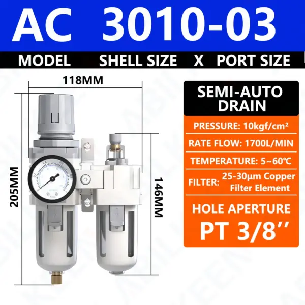 ABILKEEN AC3010 Dual Oil-Water Separator PT1/4 PT3/8 Air Compressor Water Separator Regulator Filter Auto Drain/Semi-Auto Darin