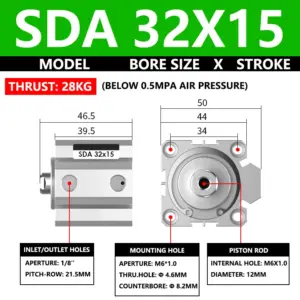 ABILKEEN SDA32X15 SDA Thin Air Pneumatic Cylinder 32MM Female Thread Bore X 15MM Stroke Double Acting Pneumatic Compact Cylinder