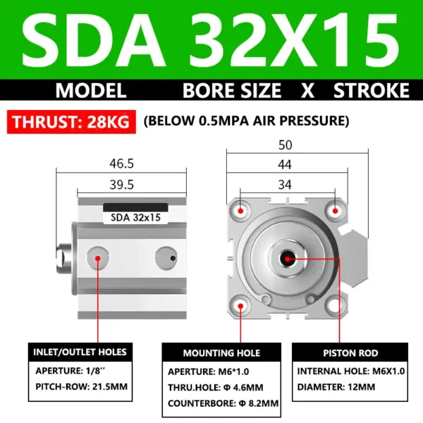ABILKEEN SDA32X15 SDA Thin Air Pneumatic Cylinder 32MM Female Thread Bore X 15MM Stroke Double Acting Pneumatic Compact Cylinder