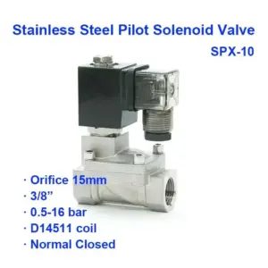 2 Way Normal Close Pneumatic Stainless Steel Pilot Solenoid Valve SPX-10 BSP Port G3/8" Low Pressure 0.5-10bar Orifice 15mm