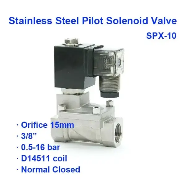 2 Way Normal Close Pneumatic Stainless Steel Pilot Solenoid Valve SPX-10 BSP Port G3/8" Low Pressure 0.5-10bar Orifice 15mm
