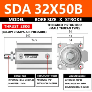 ABILKEEN SDA32X50B SDA Series Thin Air Cylinder 32MM Male Thread Bore X 50MM Stroke Double Acting Pneumatic Compact Cylinder