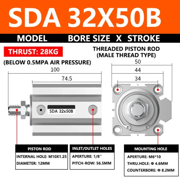 ABILKEEN SDA32X50B SDA Series Thin Air Cylinder 32MM Male Thread Bore X 50MM Stroke Double Acting Pneumatic Compact Cylinder