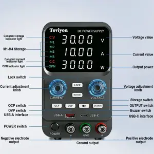 Tovoyon Adjustable DC Power Supply 30V 10A 5A Variable Voltage Regulator Laboratory Bench Switching Power Supply