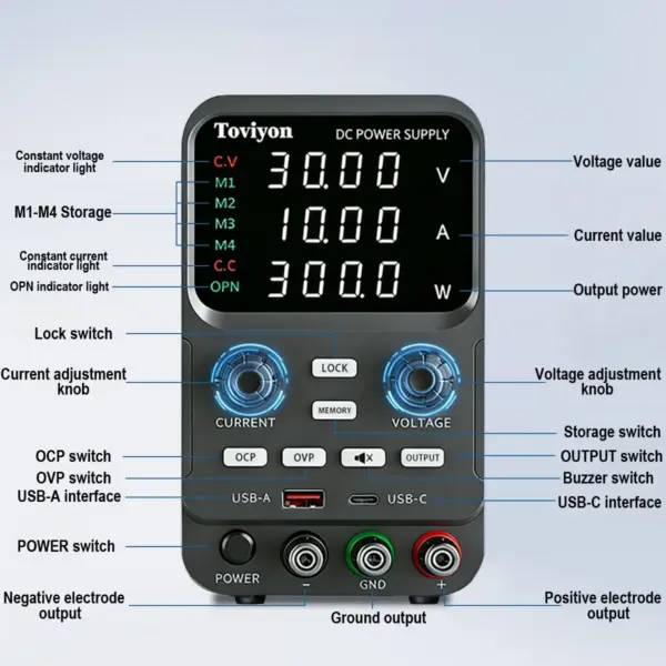 Tovoyon Adjustable DC Power Supply 30V 10A 5A Variable Voltage Regulator Laboratory Bench Switching Power Supply