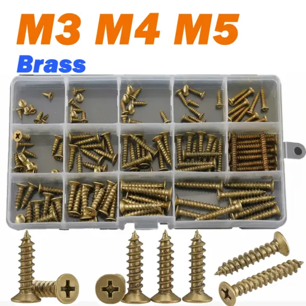 Self Tapping Screws Assortment Kit M3 M4 M5 Copper Brass Phillips Flat Countersunk Head Wood Screws Set for DIY Furniture Box