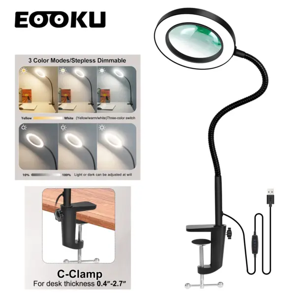 EOOKU Bench Vise USB Table Lamp 5X Magnifying Glass Flexible Desk Light LED Magnifier for Reading Working Lighting Soldering