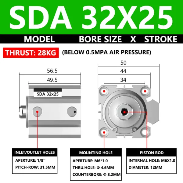 ABILKEEN SDA32X25 SDA Series Thin Air Cylinder 32MM Female Thread Bore X 25MM Stroke Double Acting Pneumatic Compact Cylinder
