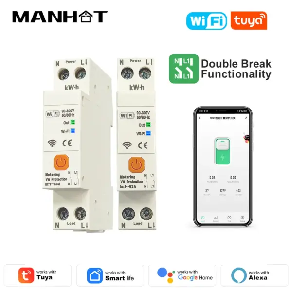 Manhot WiFi Smart Circuit Breaker MCB 1P 63A Timer Power Energy kWh Voltage Current Meter Protector Cutting OFF N +L Together