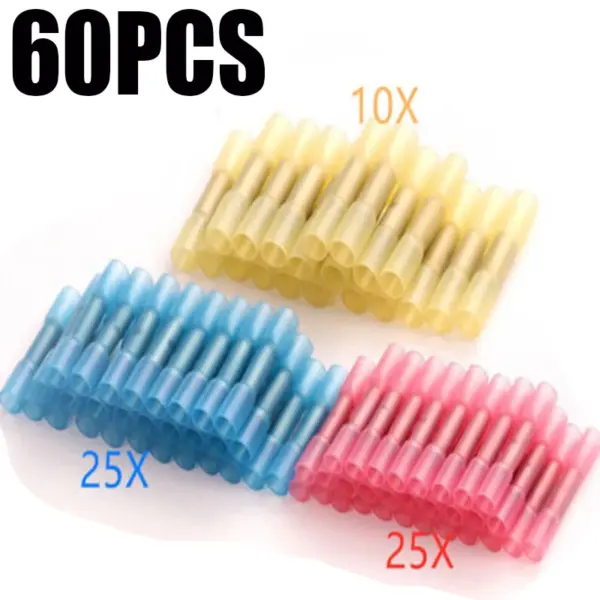 60PCS 22-16 AWG Electrical Heat Shrink Butt Crimp Terminals Red Waterproof Fully Insulated Seal Wire Connectors Assortment