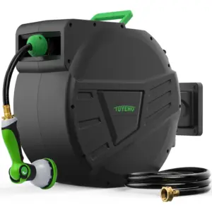 Retractable Garden Hose Reel 100FT, Heavy Duty Wall Mount with Auto Rewind, 13 Pattern Nozzles for Watering Car Wash Pet