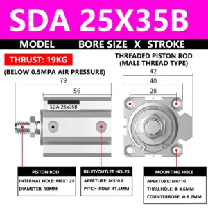 ABILKEEN SDA25X35B SDA Series Thin Air Cylinder 25MM Male Thread Bore X 35MM Stroke Double Acting Pneumatic Compact Cylinder