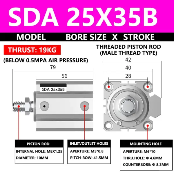 ABILKEEN SDA25X35B SDA Series Thin Air Cylinder 25MM Male Thread Bore X 35MM Stroke Double Acting Pneumatic Compact Cylinder