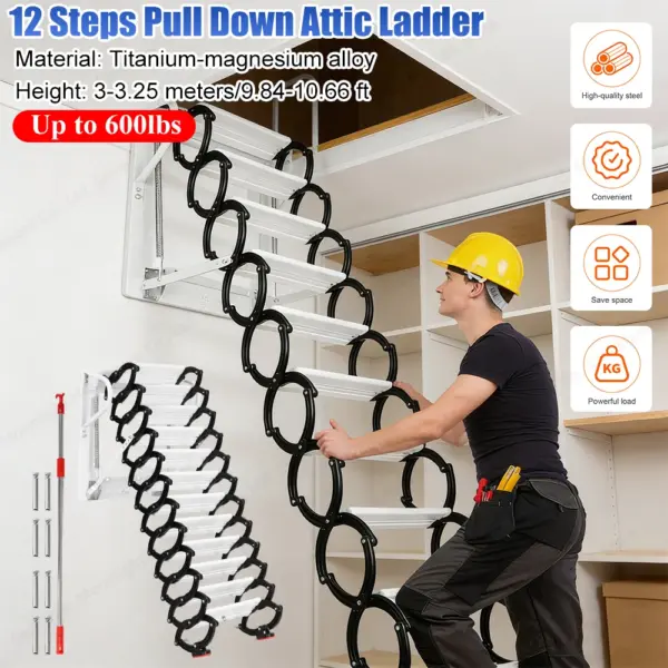 12 Steps Folding Attic Ladder Wall Mounted Pull Down Staircase 600lbs Capacity Anti Slip 11.2ft for Garage Roof Warehouse Use