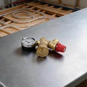 Boiler Safety Group DN 25 Brass Valve with Pressure Gauge and Quick Bleeder Providing Safe Pressure Relief and Air Venting