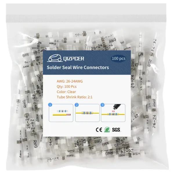 100 Pcs Heat Shrink Solder Seal Wire Connectors, 26-24 AWG Waterproof Butt Splices for Marine, Automotive, Boat, Truck