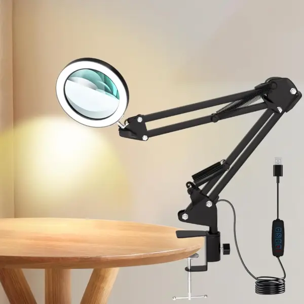 10X Magnifying Glass with 3 Color Modes LED Lighted Desk Lamp with Metal Clamp Flexible Gooseneck Magnifier for Reading Nail Art