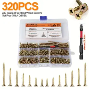 320pcs M4 Yellow Zinc Countersunk Self Tapping Wood Screws Kit in Box + Drill Bit, Full Thread Assortment for DIY Home Furniture