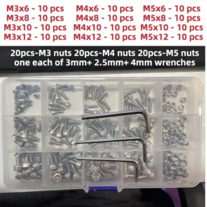 180pcs 304 Stainless Steel Hex Socket Cap Screws Bolts Nuts Assortment Kit  M3M4M5 for Furniture & Machinery Fastning