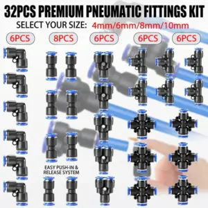 32PCS Pneumatic Fittings Kit 4mm 6mm 8mm 10mm Push to Connect Air Hose Connectors Straight Elbow Tee Y Splitter Quick Release