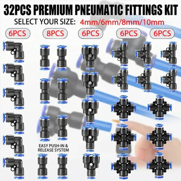 32PCS Pneumatic Fittings Kit 4mm 6mm 8mm 10mm Push to Connect Air Hose Connectors Straight Elbow Tee Y Splitter Quick Release