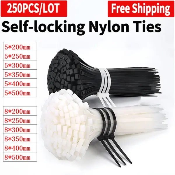 Self-locking Plastic Nylon Tie 250 PCS Black/White Cable tie Fastening Loop Zip Wraps Strap Garden Industrial Assorted Twine Tie