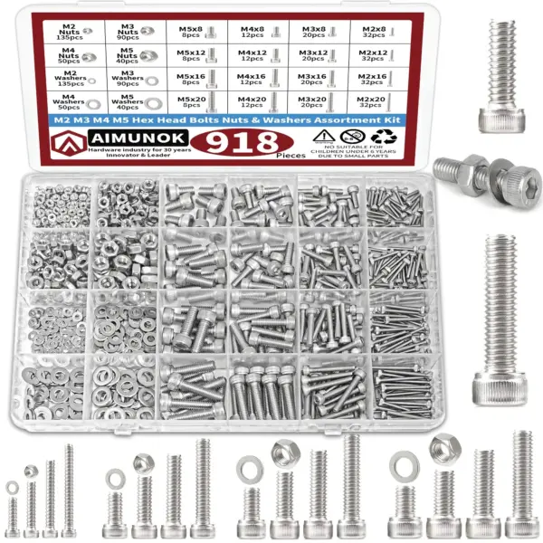 304 Stainless 918pcs Nuts and Bolts Assortment Kit - M2, M3, M4, M5 Hex Head  Steel Bolts, Nuts, Flat Washers, and More