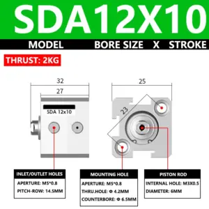 ABILKEEN SDA12X10 SDA Series Thin Air Cylinder 12MM Female Thread Bore X 10MM Stroke Double Acting Pneumatic Compact Cylinder