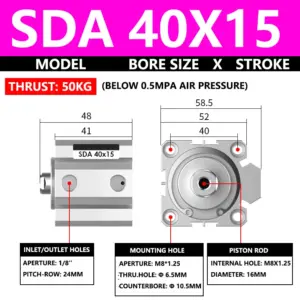 ABILKEEN SDA40X15 SDA Series Thin Air Cylinder 40MM Female Thread Bore X 15MM Stroke Double Acting Pneumatic Compact Cylinder