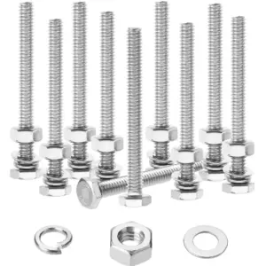 Stainless Steel Nuts and Bolts Set, 1/4"-20x2-1/2" with Flat & Lock Washers, 10 Sets for Construction and Repairs