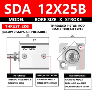 ABILKEEN SDA12X25B SDA Series Thin Air Cylinder 12MM Male Thread Bore X 25MM Stroke Double Acting Pneumatic Compact Cylinder