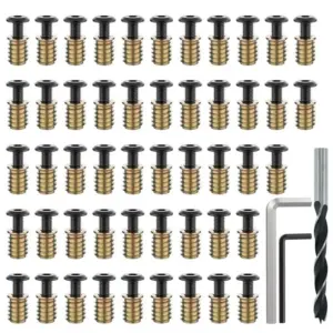 AB42-Threaded Insert And Bolt Kit- 50 Sets 1/4-20 X 19/32 Inch For Wood Furniture Screws Hex Socket Drive Assortment