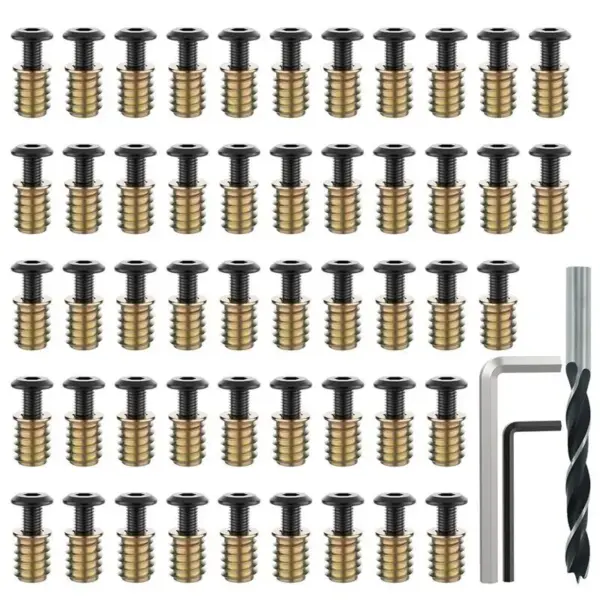 AB42-Threaded Insert And Bolt Kit- 50 Sets 1/4-20 X 19/32 Inch For Wood Furniture Screws Hex Socket Drive Assortment