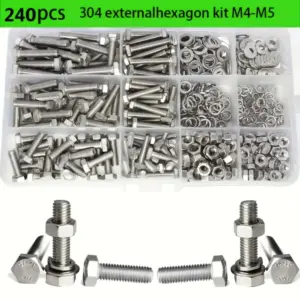 240-piece set of M4 and M5 stainless steel hex bolts and nuts, available in lengths of 16mm, 20mm, and 25mm.