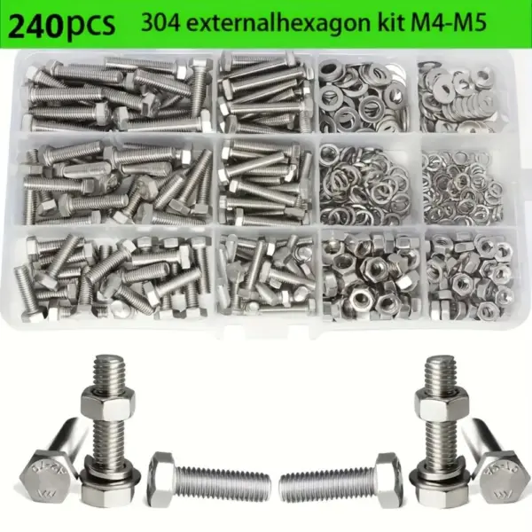 240-piece set of M4 and M5 stainless steel hex bolts and nuts, available in lengths of 16mm, 20mm, and 25mm.