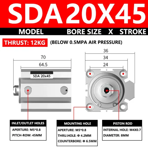 ABILKEEN SDA20X45 SDA Series Thin Air Cylinder 20MM Female Thread Bore X 45MM Stroke Double Acting Pneumatic Compact Cylinder