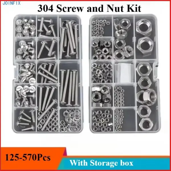 Stainless steel hexagon screw nut box set, with plastic box ，cross countersunk head round head screw bolt flat pad for home use