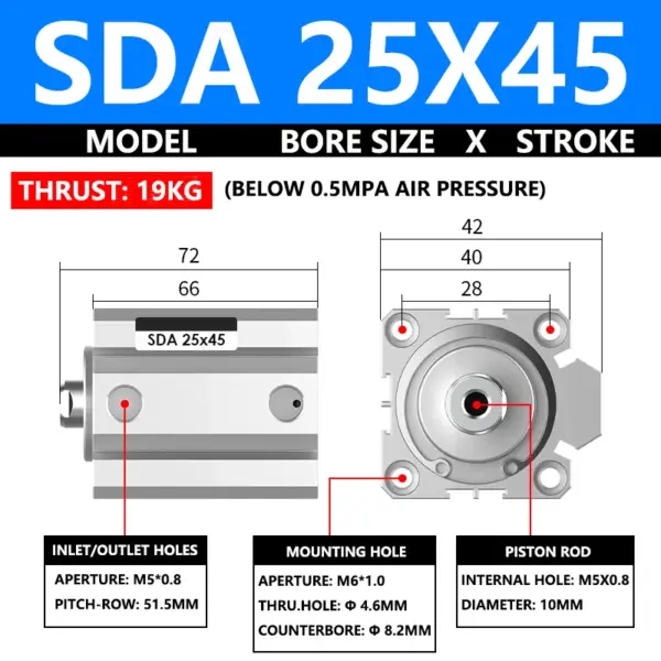 ABILKEEN SDA25X45 SDA Series Thin Air Cylinder 25MM Female Thread Bore X 45MM Stroke Double Acting Pneumatic Compact Cylinder