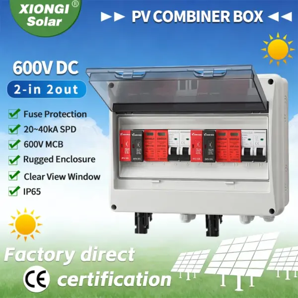 HT 2 in 2 out DC 600V Solar photovoltaic PV Combiner Box With Lightning Protection 20A Fuse MCB SPD Waterproof IP65 Distribution