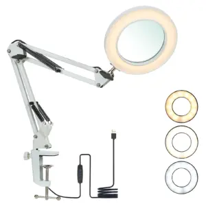 Tomshine Flexible Clamp-on Table Lamp with 8x Magnifier Swing Arm Dimmable LEDs Desk Light 3 Color Modes & 10 Brightness