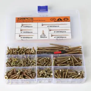 320pcs M4 Flat Head Wood Screws Assortment Kit with Free Drill Bit - Phillips Drive Self-Tapping Screws, Yellow Zinc Plated Full