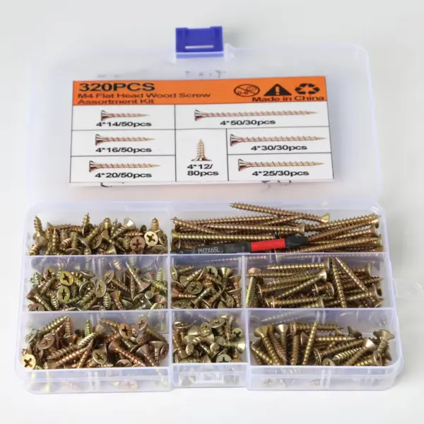 320pcs M4 Flat Head Wood Screws Assortment Kit with Free Drill Bit - Phillips Drive Self-Tapping Screws, Yellow Zinc Plated Full