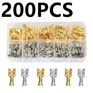 200PCS (100gold+100silver) boxed 6.3mm 6.3 Crimp Terminal Female Spade Connector, Terminal blocks, suitable for car repair,