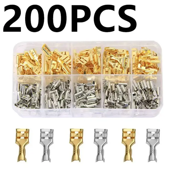 200PCS (100gold+100silver) boxed 6.3mm 6.3 Crimp Terminal Female Spade Connector, Terminal blocks, suitable for car repair,