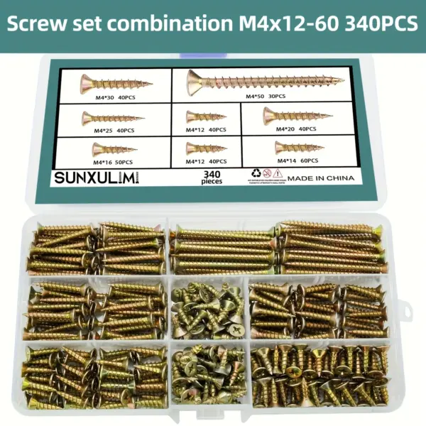 340pcs M4 Flat Head Wood Screw Assortment Kit, Phillips Drive Countersunk Self Tapping Wood Screws