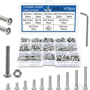 415pcs M4 hex bolt, nut, and washer set, stainless steel fasteners, DIY tool kit for home and workshop repairs.