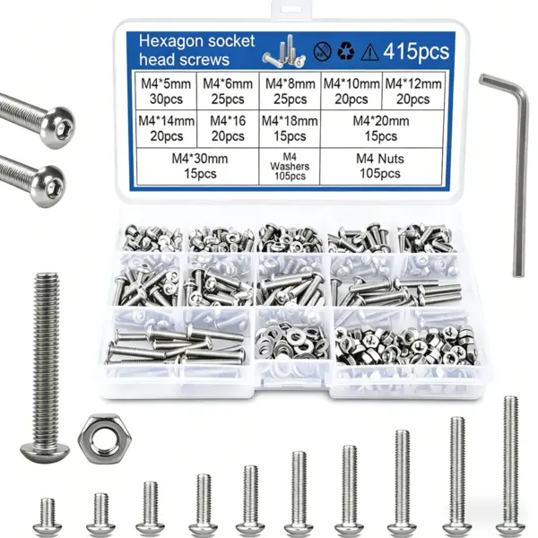 415pcs M4 hex bolt, nut, and washer set, stainless steel fasteners, DIY tool kit for home and workshop repairs.