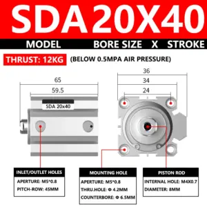 ABILKEEN SDA20X40 SDA Series Thin Air Cylinder 20MM Female Thread Bore X 40MM Stroke Double Acting Pneumatic Compact Cylinder