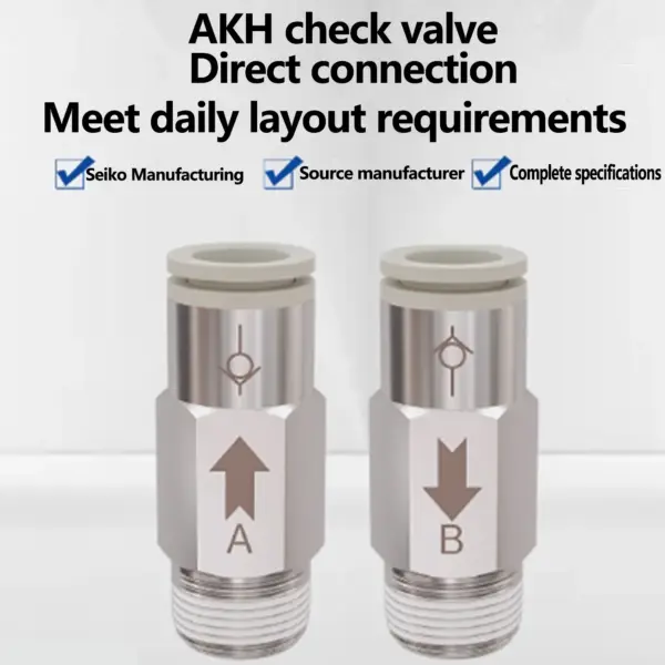 2PCS Pneumatic Check Valve AKH-B AKB M5 1/8 1/4 3/8 1/2" BSP Thread Air Pipe Quick Check Valve One-way Valve One-button Quick Co